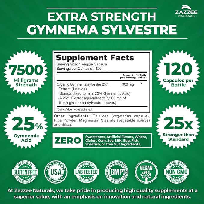 Zazzee Organic Gymnema Sylvestre 25:1 Extract, 7500 mg Strength, 25% Gymnemic Acid, 120 Vegan Capsules, 4 Month Supply, Standardized and Concentrated 25X Extract, All-Natural and Non-GMO
