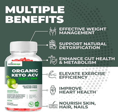 Organic Keto ACV Gummies Advanced Weight Loss - Gluten & Sugar Free Belly Fat Burner Apple Cider Vinegar Diet Supplement for Women Men (1000MG)
