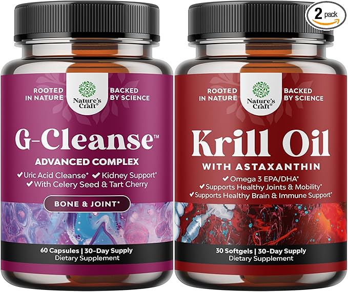 Bundle of GCleanse Uric Acid Support Supplement and Antarctic Krill Oil Softgels - Herbal Liver and Kidney Cleanse Detox and Support - High Absorption Krill Oil Omega 3 Fatty Acid Supplement