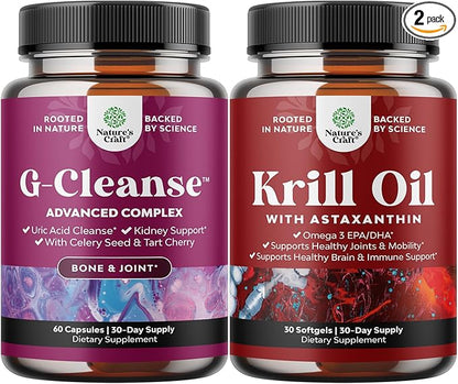Bundle of GCleanse Uric Acid Support Supplement and Antarctic Krill Oil Softgels - Herbal Liver and Kidney Cleanse Detox and Support - High Absorption Krill Oil Omega 3 Fatty Acid Supplement