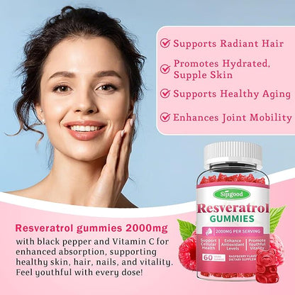 2000mg Organic Resveratrol Gummies for Women - Sugar Free Resveratrol-Nutritional-Supplements for Antioxidant Support, Cellular Health, Immunity, Brain & Energy, Raspberry Flavor, 60 Count