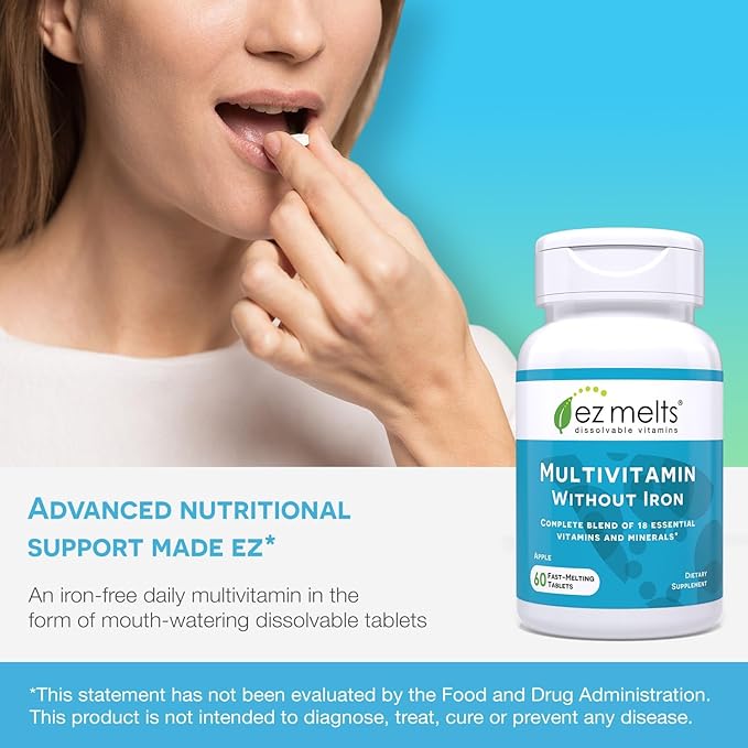 EZ Melts Dissolvable Multivitamin Without Iron, 18 Vitamins & Minerals Including Vitamin A, Biotin, Vitamin B12, Vitamin C, Vitamin D3, Zinc and More, Sugar-Free, 1-Month Supply
