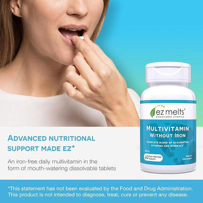 EZ Melts Dissolvable Multivitamin Without Iron, 18 Vitamins & Minerals Including Vitamin A, Biotin, Vitamin B12, Vitamin C, Vitamin D3, Zinc and More, Sugar-Free, 1-Month Supply