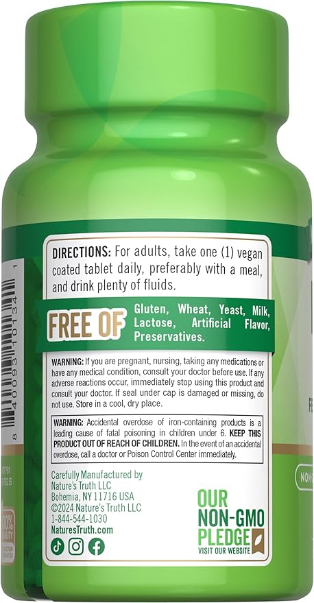 Nature's Truth Iron Supplement | 65mg | 120 Tablets | 325mg Ferrous Sulfate | Non-GMO & Gluten Free Pills