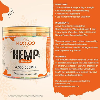 HOOLOO Hemp Gummies for Deep Bedtimes, Unwind, Focus - 6 Fruity Flavors Big Cubes Gummy Infused Vitamins Omega 3 - Extra Stength 4,500,000mg for Adults - Made in USA