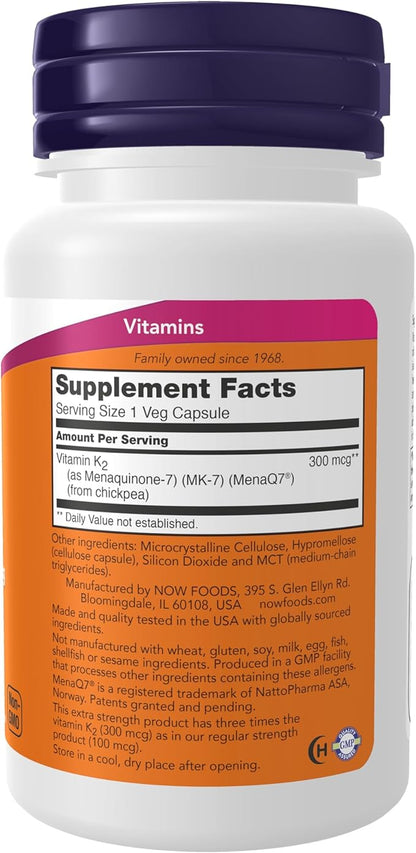 NOW Foods Supplements, Vitamin K2 (MK-7) 300 mcg, Extra Strength, Supports Bone Health*, 60 Veg Capsules