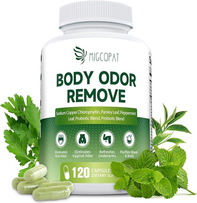 Body Deodorizing Supplement, Chlorophyll Capsules with Parsley & Peppermint, Probiotic, Green Tea, Jerusalem Artichoke, Prebiotic, Supports Fresh Breath & Whole-Body Freshness, 120 Capsules