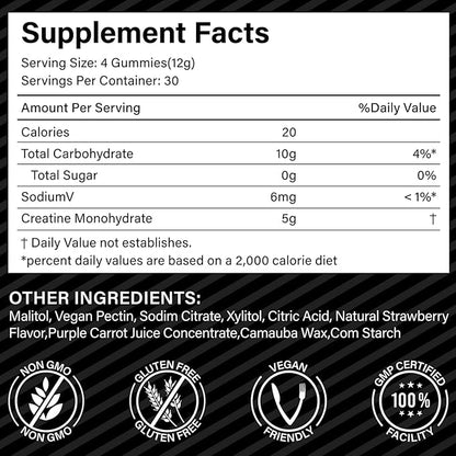 Creatine Monohydrate Gummies 5000mg for Men & Women, Creatine Monohydrate, L-Taurine, Vitamin B12 for Muscle Growth, Strength, Focus, Energy & Health, Sugar Free, Vegan, Strawberry Flavor, 120 Count