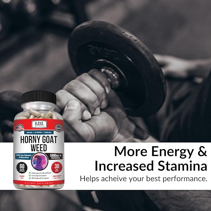 Kaya Naturals Horny Goat Weed Extract with Maca - Complex with Saw Palmetto Ginseng, Arginine Vitamin Supplement - Horny Goat Weed - 60 Count