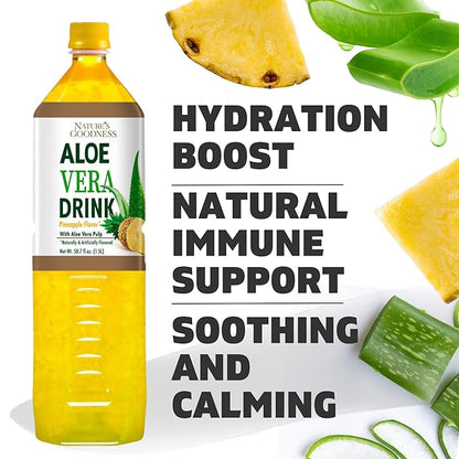 Nature's Goodness Aloe Vera Drink with Pulp Pineapple Flavor -12 Pack Case - 50.7 Fl Oz (1.5 L) Each - Total 18 Liters - Refreshing Beverage with Real Aloe Vera Juice