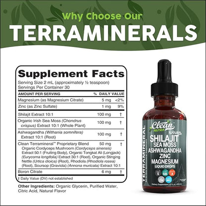 Clean Nutraceuticals Shilajit Liquid Drops with Sea Moss, Ashwagandha, Zinc, Magnesium, Liquid Vitamins for Women and Men - Terra Mineral