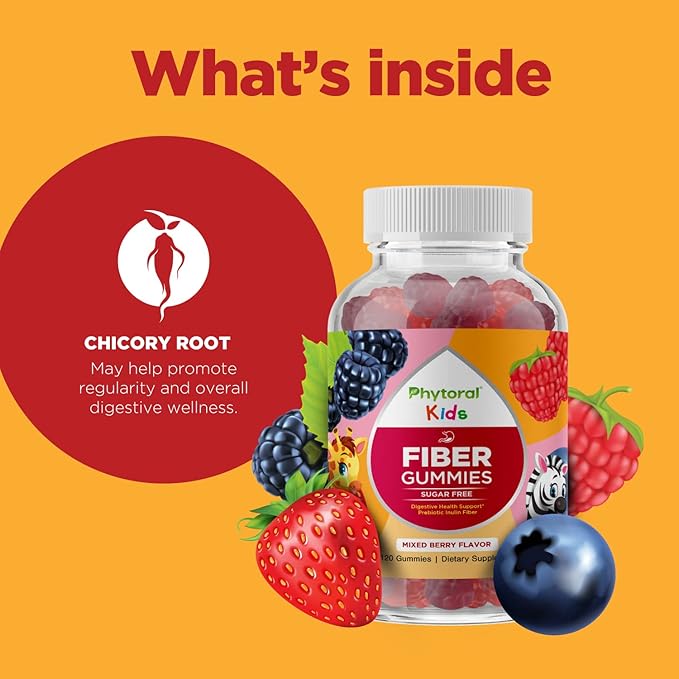 High Prebiotic Fiber Gummies for Kids - Dietary Fiber Supplements for Digestion & Constipation - Chicory Root Kids Immune Gummies - Non-GMO & Vegan Digestive Nutritional Supplements - 120 Count