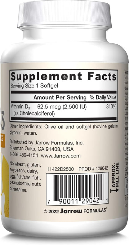 Jarrow Formulas Vitamin D3 62.5 mcg (2,500 IU) - 100 Servings (Softgels) - Bone Health, Immune Support & Calcium Metabolism Support - Vitamin D Supplement - D3 Vitamins - 2500 Vitamin D - Gluten Free