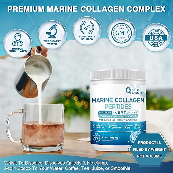 NATURE TARGET Marine Collagen Peptides Powder - Type I & III Collagen with Probiotics, Vitamin C & Hyaluronic Acid for Skin, Hair, Nails & Joint, Wild-Caught Fish & Grass-Fed Bovine, 35 Servings