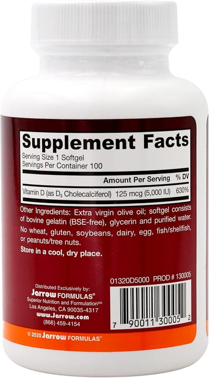 Jarrow Formulas Vitamin D3 5000 IU, 100 Softgels, Pack of 2