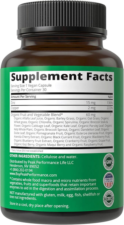 Zinc with Copper + Whole Food Blend of 25 Vegetables and Fruits for Max Absorption. Immune Support Supplement Capsules. Two Essential Minerals for Immunity. Zinc Vitamin Pills for Men and Women.