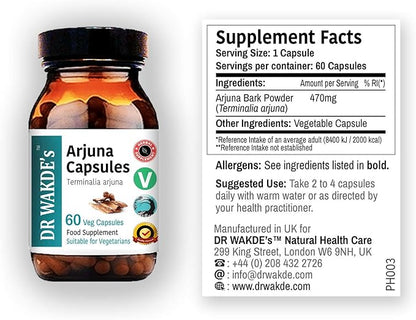 DR WAKDE's Arjuna Capsules (Terminalia arjuna) | 60 Veg Caps | Ayurvedic Supplement | Vegan | 100% Herbal | Quantity Discounts | Same Day Dispatch
