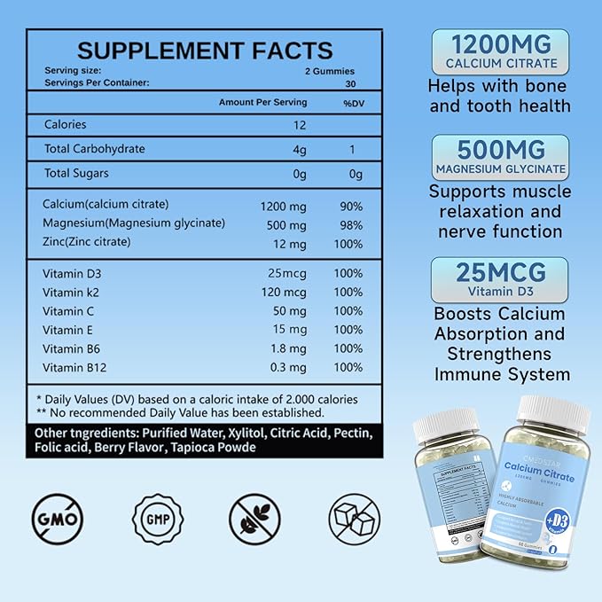 Calcium Citrate Gummies, Chewable Calcium Citrate 1200mg with Vitamin D3 & K2, Magnesium, Zinc for Women & Men, Supports Bone & Muscle Health, Boosts Immunity, Sugar-Free,Gluten-Free, Vegan, 60 Count