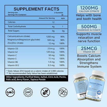Calcium Citrate Gummies, Chewable Calcium Citrate 1200mg with Vitamin D3 & K2, Magnesium, Zinc for Women & Men, Supports Bone & Muscle Health, Boosts Immunity, Sugar-Free,Gluten-Free, Vegan, 60 Count