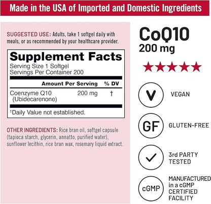 NatureWise CoQ10 200mg Softgels, High Potency Ubiquinone - Coenzyme Q10 Supplement - Antioxidant for Heart Health + Energy - Vegan, Non-GMO, Gluten-Free - 200 Count[200-Day Supply]