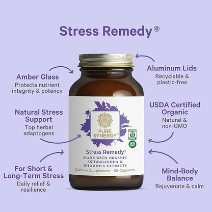 PURE SYNERGY Stress Remedy | Soothing Supplement with Ashwagandha | Organic Adaptogen Support from Rhodiola, Lemon Balm, and Holy Basil | for Stress Relief, Adrenal Health, and Mood (60 Capsules)