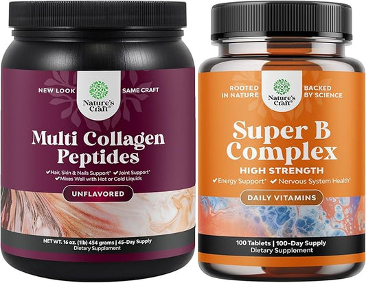 Bundle of Multi Collagen Protein Powder for Women and Men - Hair Skin and Nails Vitamins and Vitamin B Complex Adult Multivitamin for Immune Support Mood Boost and Memory Supplement for Brain Support