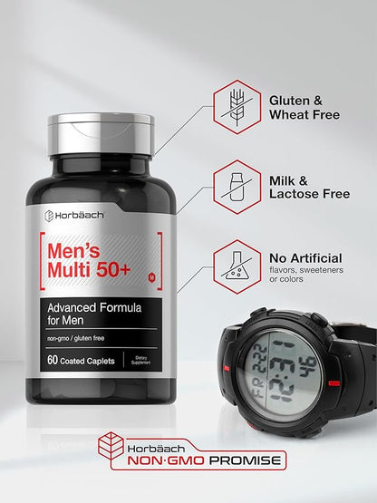 Horbäach Mens Multivitamins 50 Plus | 60 Caplets | with Calcium, Magnesium, Vitamin A, B, C, D & E | 50+ Advanced Formula | Non-GMO & Gluten Free Supplement