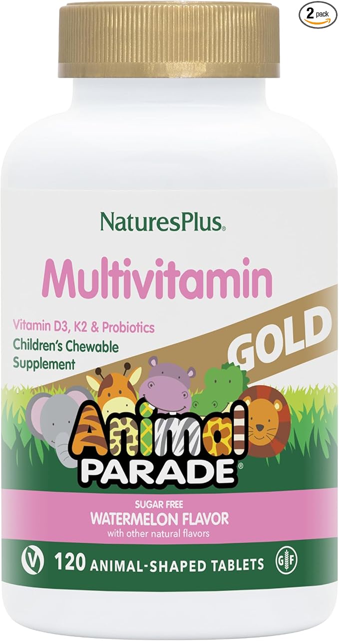 Natures Plus Animal Parade Gold Multivitamin Children’s Chewables - Watermelon Flavor - 120 Animal-Shaped Tablets, Pack of 2 - Vitamin D3, K2 & Probiotics - Vegan, Gluten Free - 120 Total Servings