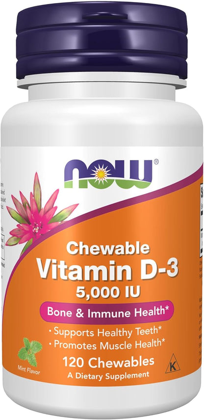 NOW Foods Supplements, Vitamin D-3 5,000 IU, Natural Mint Flavor, Structural Support*, 120 Chewables
