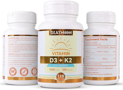Vitamin D3 K2 Supplement Softgels, Vitamin D3 5000 IU & Vitamin K2 MK7 200 mcg, Bone & Teeth Support, Easy to Swallow - 120 Counts