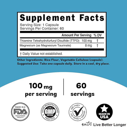 Nature's Fusions TTFD Thiamine B1 Supplement - 100mg 60 Servings - with 8mg Magnesium - No Toxic Fillers - TTFD Thiamine Tetrahydrofurfuryl Disulfide - Third Party Lab Tested - Nutri Supplements