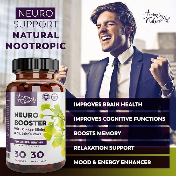 Neuro Booster Nootropics and Brain Supplement for Memory, Clarity, Focus, Relaxation with Gingko Biloba, Bacopa Monnieri, St. John’s Wort & More