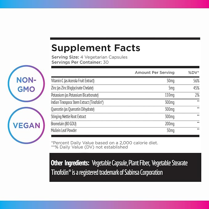 Livingood Daily Allergen Support, 120 Vegetarian Capsules - Supports Natural Allergy Relief with Vitamin C, Quercetin, Nettle Leaf, Zinc, & Tinospora - Non-GMO & Vegan Natural Antihistamine Supplement