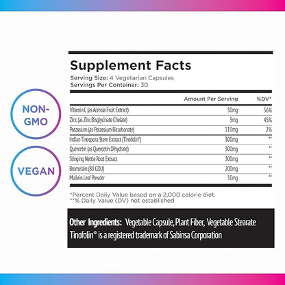Livingood Daily Allergen Support, 120 Vegetarian Capsules - Supports Natural Allergy Relief with Vitamin C, Quercetin, Nettle Leaf, Zinc, & Tinospora - Non-GMO & Vegan Natural Antihistamine Supplement