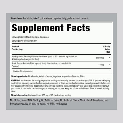 Piping Rock Ashwagandha Supplement 4500mg | 240 Capsules | for Women and Men | Extra Strength Herbal Extract | with Black Pepper | Non-GMO & Gluten Free