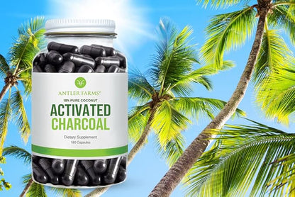 Antler Farms - 100% Pure Coconut Activated Charcoal, 180 Capsules 260mg - Wild Harvested, Virgin Coconut Shell, USP Food Grade, Steam Activated, Ultra Fine