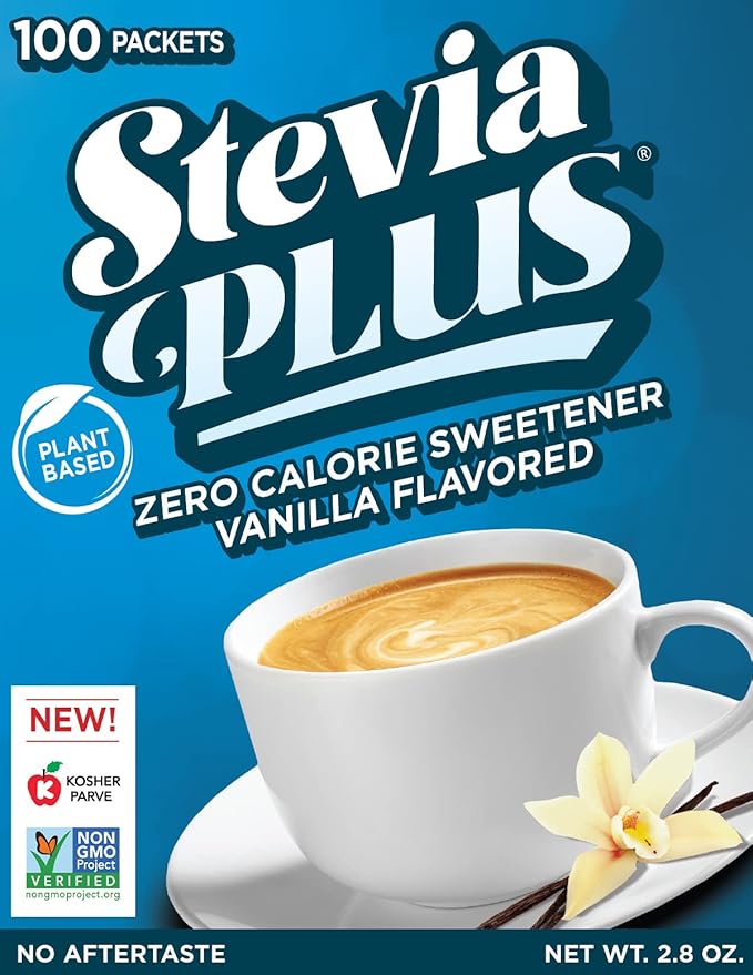 SweetLeaf Stevia Plus Powder Packets- Zero Calorie Sweetener with Stevia Leaf Extract, No Artificial Sweetener Additive, Sugar Free, Keto Friendly, Non GMO, Gluten Free- Vanilla, 100 Count (Pack of 1)
