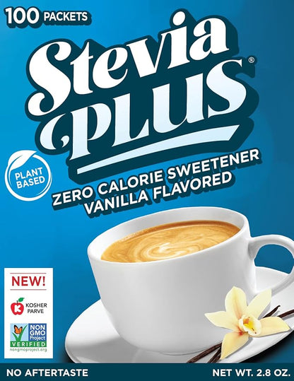 SweetLeaf Stevia Plus Powder Packets- Zero Calorie Sweetener with Stevia Leaf Extract, No Artificial Sweetener Additive, Sugar Free, Keto Friendly, Non GMO, Gluten Free- Vanilla, 100 Count (Pack of 1)