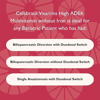 Celebrate Vitamins Multi ADEK, Iron Free – Daily Bariatric Multivitamin, High Level of Vitamins A, D, E, K & B12 for Duodenal Switch Surgery Patients (60 Capsules)