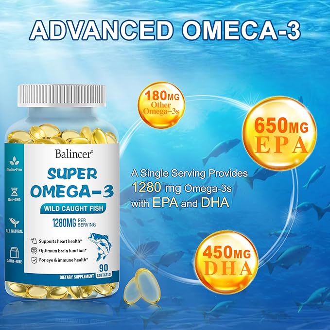 Omega 3 Fish Oil Supplements, 1280 mg Omega-3 Fatty Acids Including EPA and DHA, Wild-Caught Burpless Fish Oil Supplements Supports Heart, Brain and Eye Health, 90 Softgels