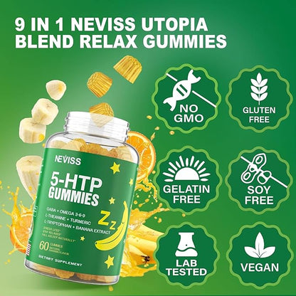 5-HTP GABA Gummies - Melatonin Free Calm & Relaxation Gummies w/Banana Extract, L-Theanine, L-Tryptophan, Omega-3-6-9 for Health Rest Cycle & & Circadian Rhythm, Natural Zzzs, Brain Relax (Pack of 2)