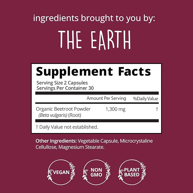Organic Beet Root Capsules [1,300mg Superfood] – Blood Pressure Support, Nitric Oxide Supplements for Men & Women, Flow & Circulation | Beetroot Powder, Antioxidant, Brain Food | Vegan, 60 Ct