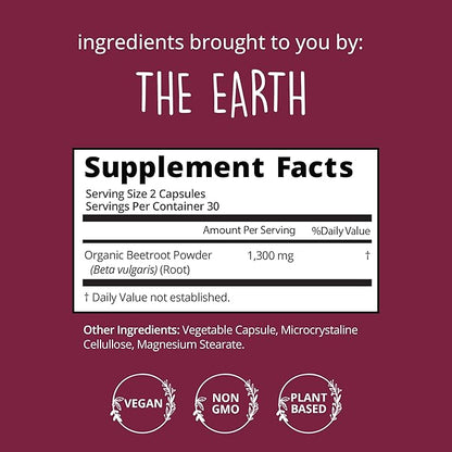 Organic Beet Root Capsules [1,300mg Superfood] – Blood Pressure Support, Nitric Oxide Supplements for Men & Women, Flow & Circulation | Beetroot Powder, Antioxidant, Brain Food | Vegan, 60 Ct