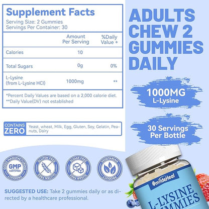 2 Pack L-Lysine 1000mg Gummies, Chewable Lysine Supplement for Adults, Immune Support, Collagen Formation Support, Non-GMO, Vegan, Gluten Free - 120 Counts