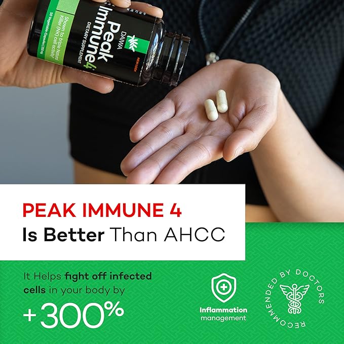 Daiwa PeakImmune4 - Natural Immune Support Supplement with RBAC Rice Bran and Mycelia Extract from Shiitake Mushrooms - Regular Strength