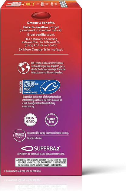 MegaRed Ultra Strength 1000mg Omega-3 Krill Oil Supplement with EPA/DHA, Astaxanthin & Phospholipids, No Fish Oil Aftertaste Supports Heart, Brain, Joint and Eye Health, 60 Count Softgels.