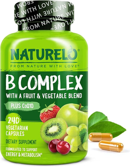 NATURELO Vitamin B Complex with Methyl B12, Methyl Folate, Vitamin B6, Biotin Plus Choline, CoQ10, and Fruit & Vegetable Blend - Supports Energy & Healthy Stress Response - Vegan - 240 Capsules