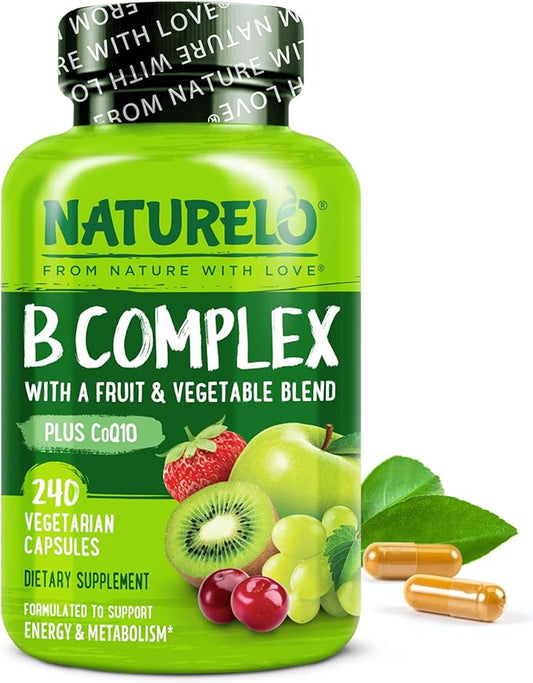NATURELO Vitamin B Complex with Methyl B12, Methyl Folate, Vitamin B6, Biotin Plus Choline, CoQ10, and Fruit & Vegetable Blend - Supports Energy & Healthy Stress Response - Vegan - 240 Capsules