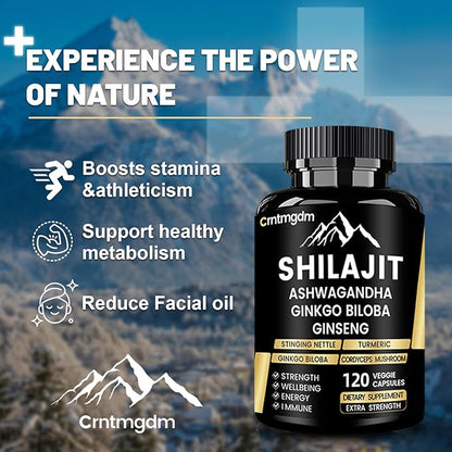 Shilajit Capsules - 20,000mg Pure Himalayan Organic Shilajit for Men & Women with Ashwagandha, Supports Vitality and Wellness, Premium Shilajit Pure Himalayan Supplement, 120 Capsules