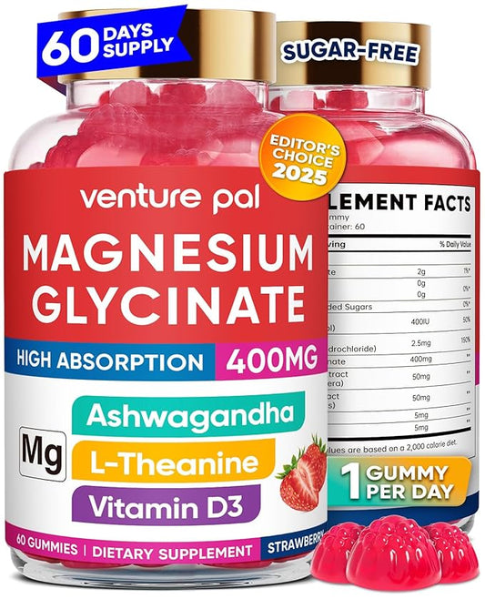 Venture Pal 60 Day Supply Magnesium Glycinate Gummies with Ashwagandha for Adults and Kids, L-Theanine, CoQ10, Sugar Free Magnesium Supplement 400mg for Calm Mood & Sleep, Gluten-Free & Vegan